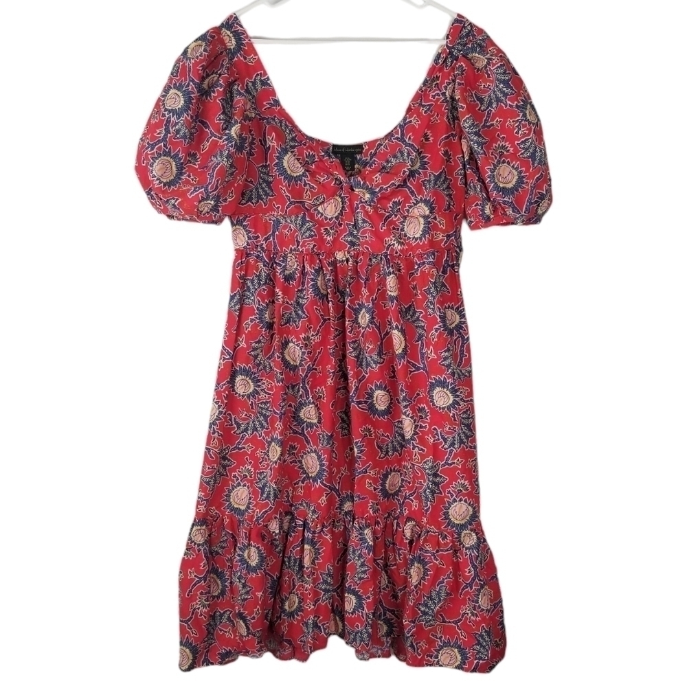 House of Harlow Boho Midi Fit & Flare Dress Red Floral Puff Sleeves Size XL